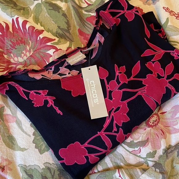 CHICOS TRAVELERS Size 2 Large Floral Tunic Stretch Blue Pink Cozy Pretty $90 NWT - Picture 14 of 14